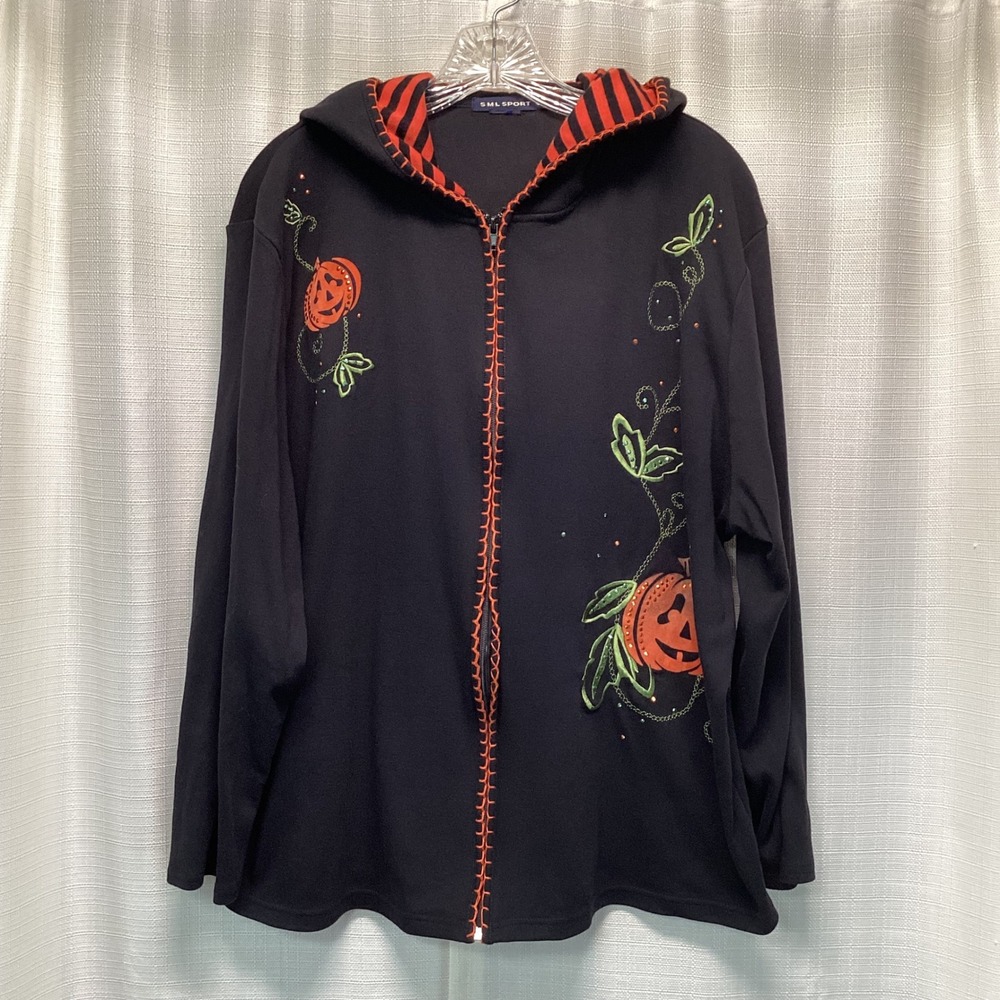 SML Sport Halloween Zip Up Hoodie Black Jack-O-Lantern Rhinestone Embroidered